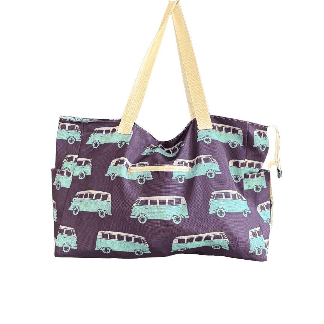 Beach Bag with white handles, navy background and Combi van design. All designed by Bok Beach life and made out of rPET.