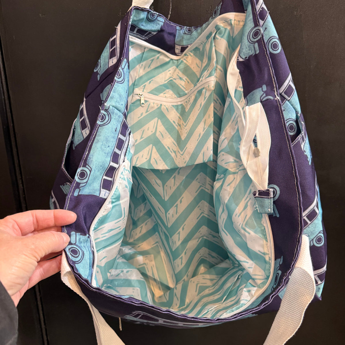 Transmutation - Bag is great for the beach. Navy colour with Combi van print. Full lined with inside zip pocket.