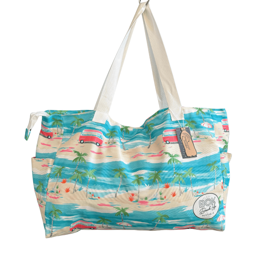Transmutation - beach bag made from plastic bottles is a fun design of Combi vans and tropical island.  