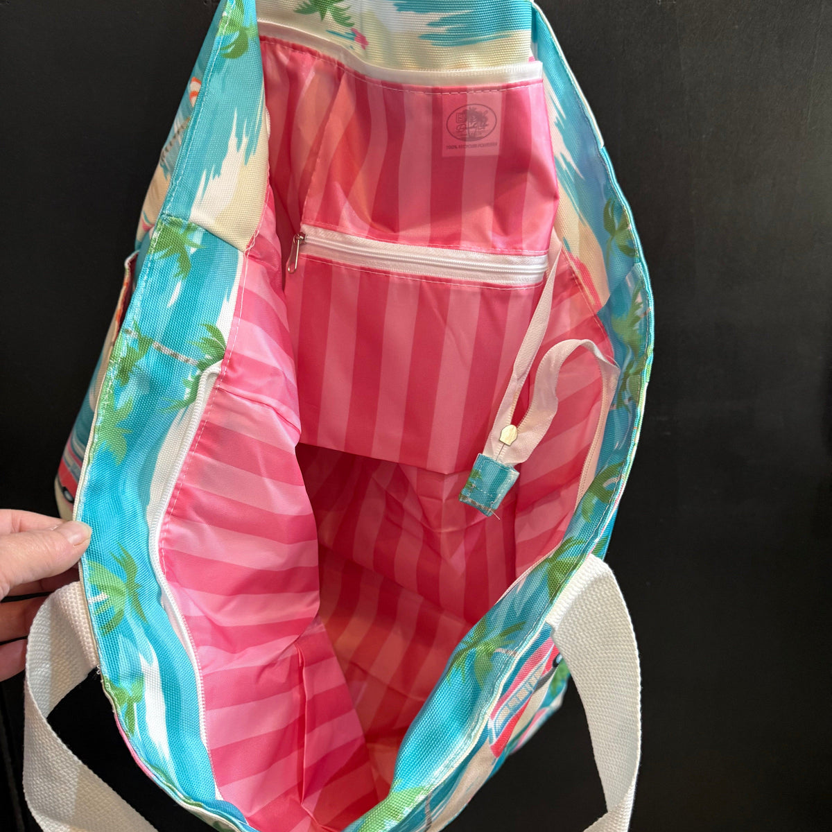 Beach Bag bright and colourful. All made from plastic bottles and generous in size. With sturdy handles. Transmutation 