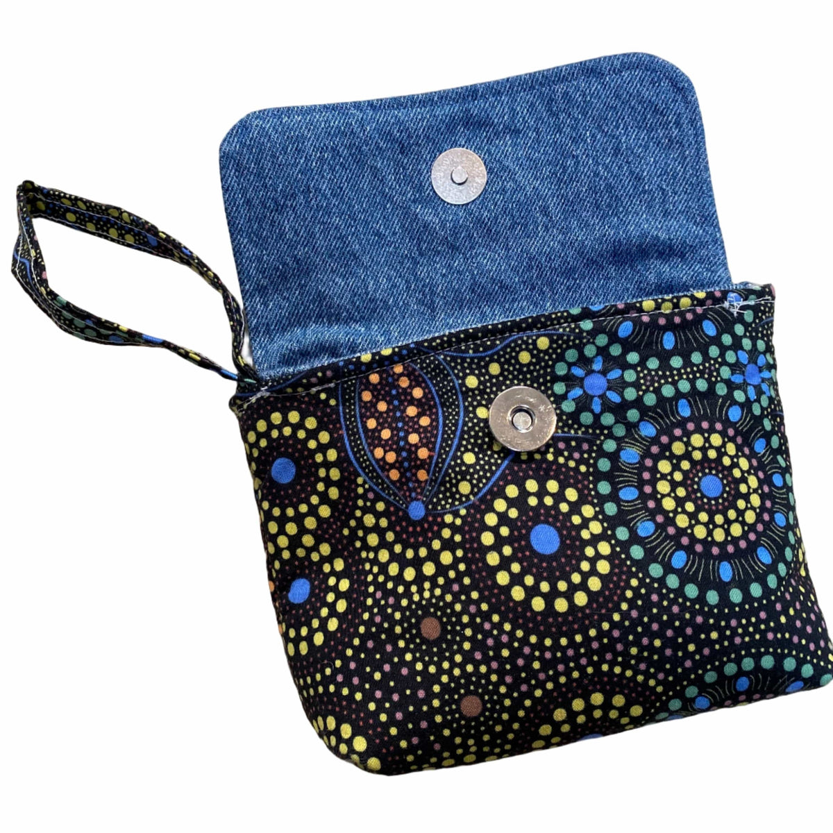 Transmutation - clutch made from old textiles with an indigenous design and lined with old denim offcuts.