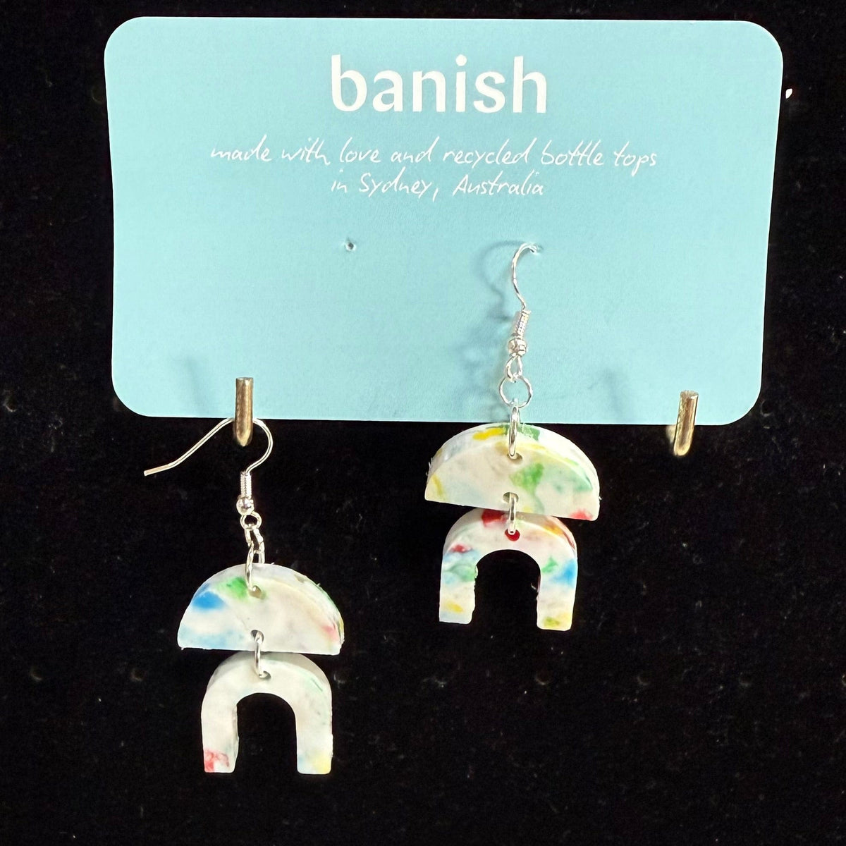 Earrings-aztec-birthday-cake-recycled-bottle-tops-silver-hooks-banish-transmutation