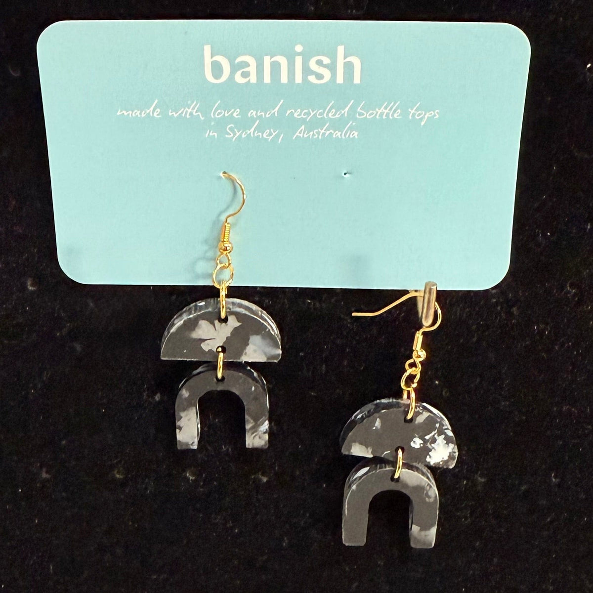 Earrings-aztec-black-midnight-recycled-bottle-tops-gold-hooks-banish-transmutation