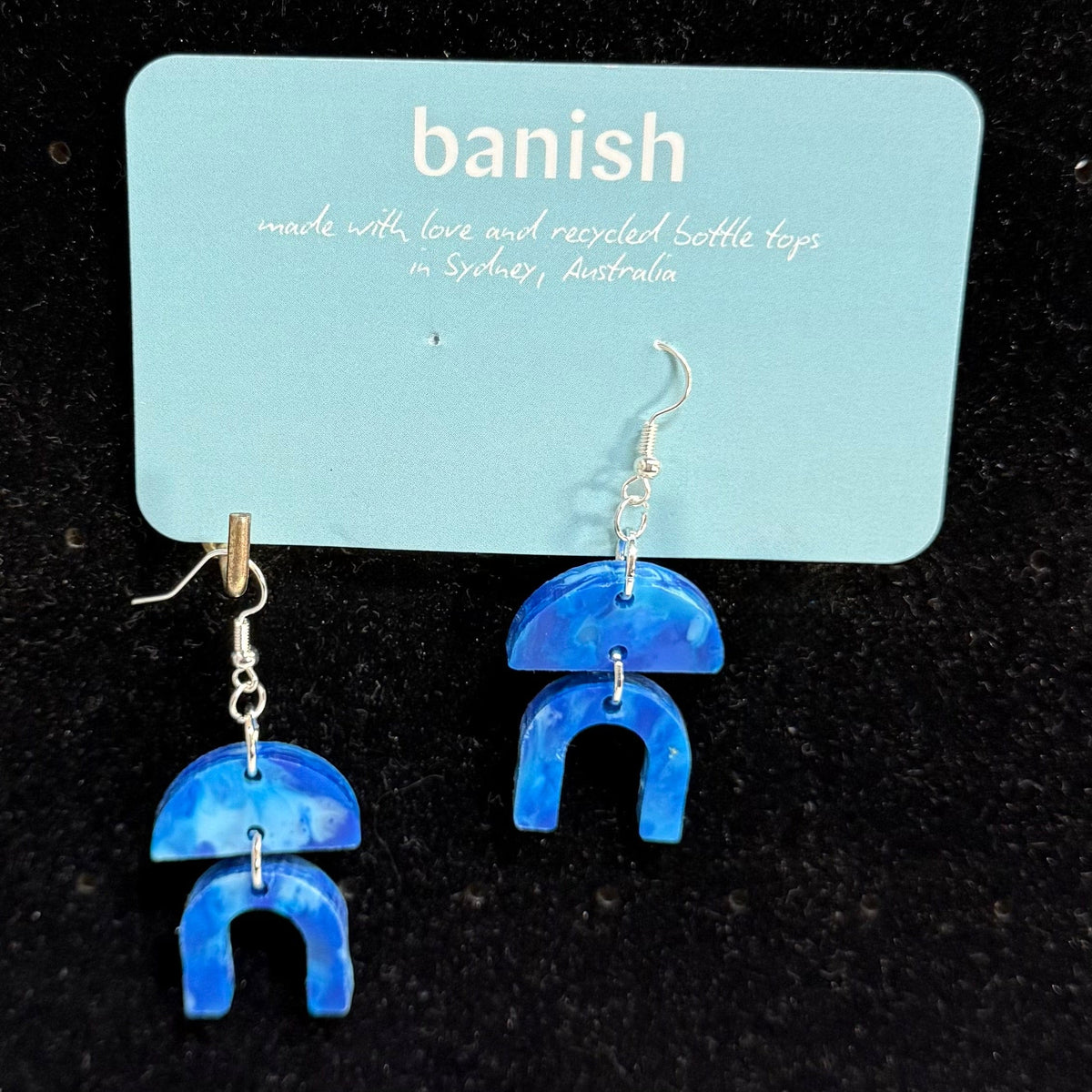 Earrings-aztec-ocean-blue-recycled-bottle-tops-silver-hooks-banish-transmutation