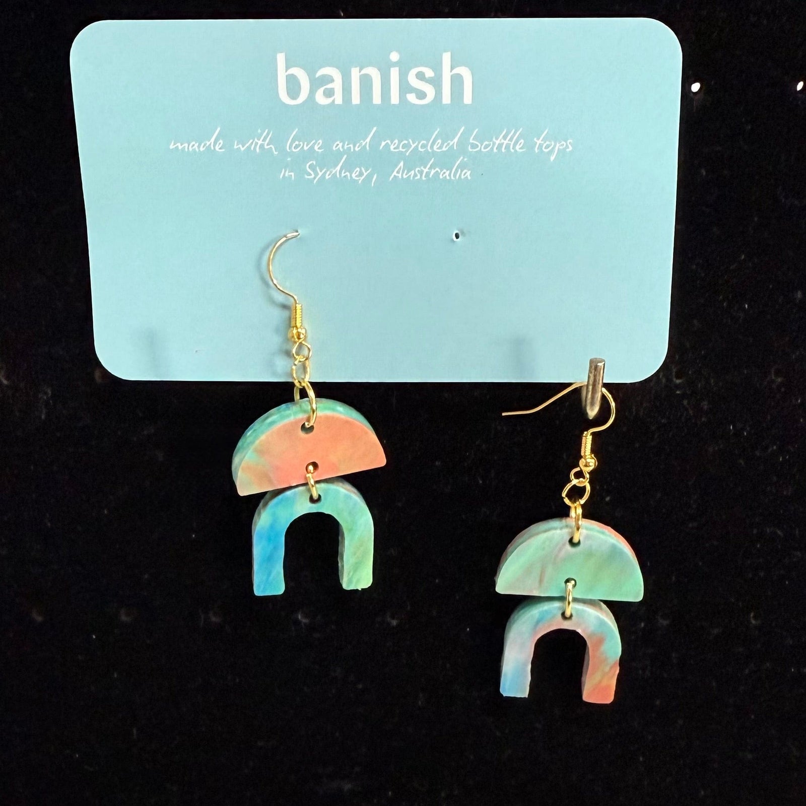 Earrings-aztec-rainbow-recycled-bottle-tops-gold-hooks-banish-transmutations