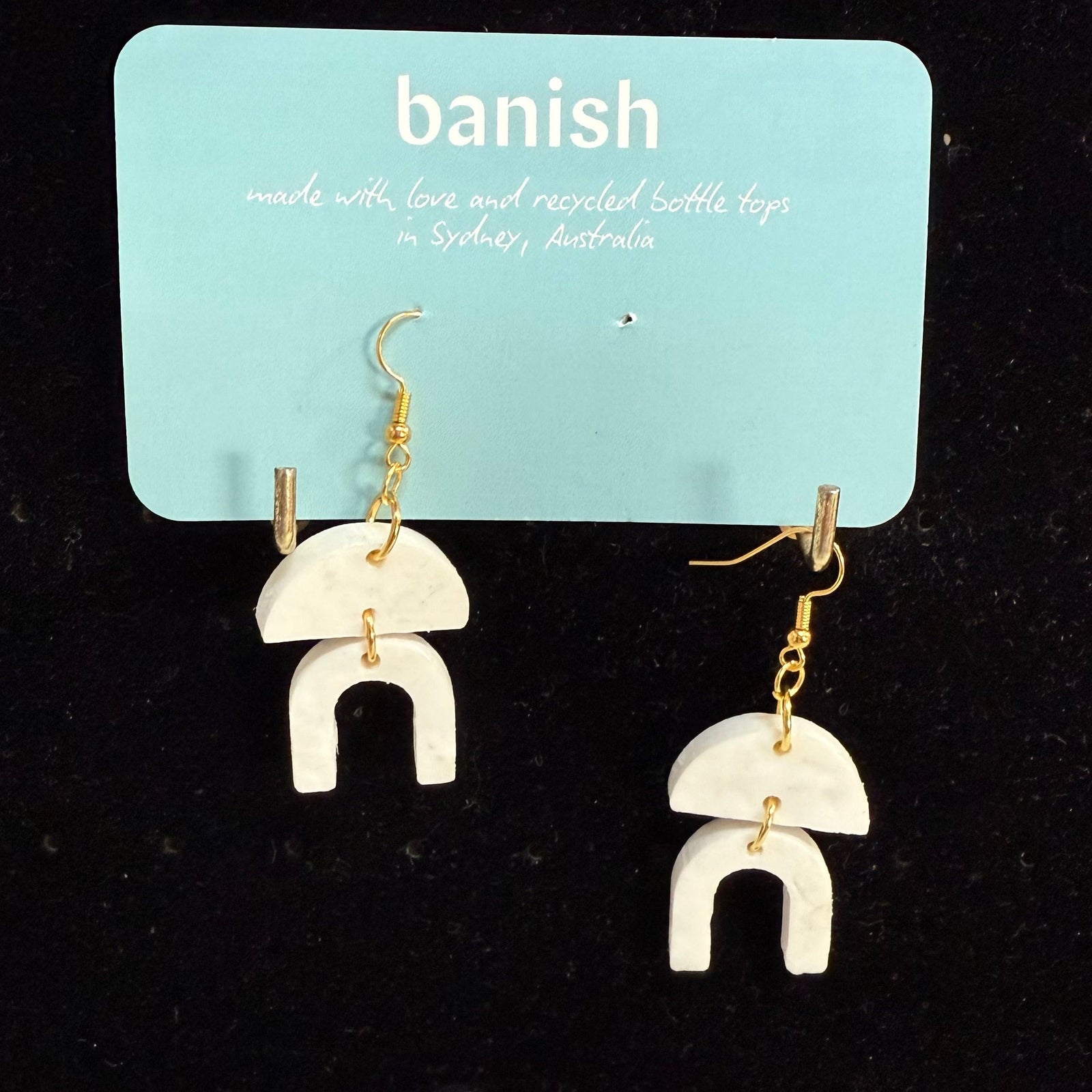 Earrings-aztec-snow-white-recycled-bottle-tops-gold-hooks-banish-transmutation