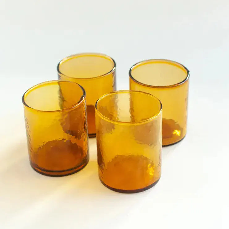 Transmutation-Drinkware - set of 4 hand blown - Hammered 100% Recycled glass in amber colour