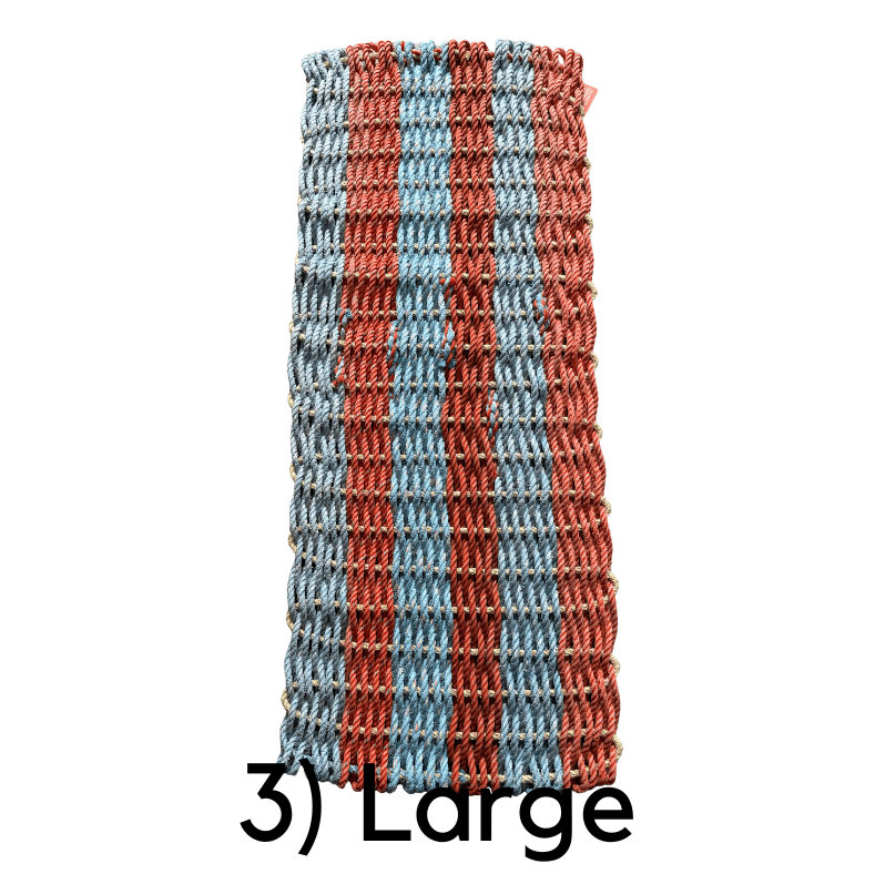 Transmutation- Large door mat in stripes - Orange / Blue / Orange / Blue / Orange / Blue.  Made from recycled nylon rope
