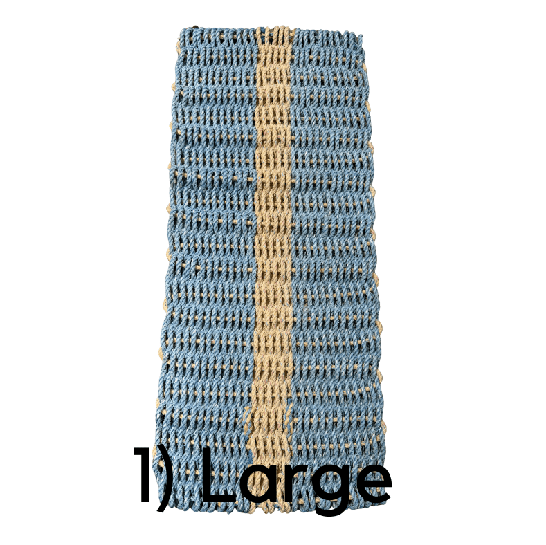 Transmutation- Blue and yellow striped door mat made from recycled cray pot rope