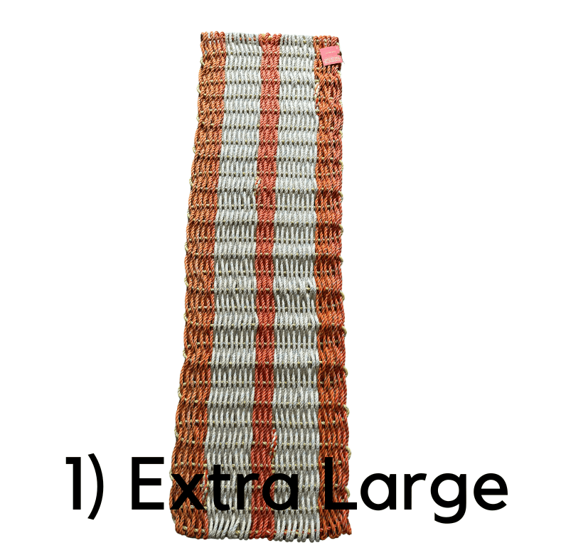 Recycled old cray rope woven into a door mat from orange and yellow rope