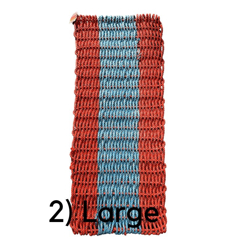 Transmutation-recycled cray-pot rope hand woven into a orangge and blue striped door mat