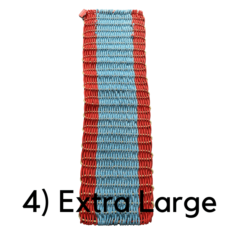 Transmutation door mat made from old cray pot rope handwoven into a new mat using orange and blue coloured ropes