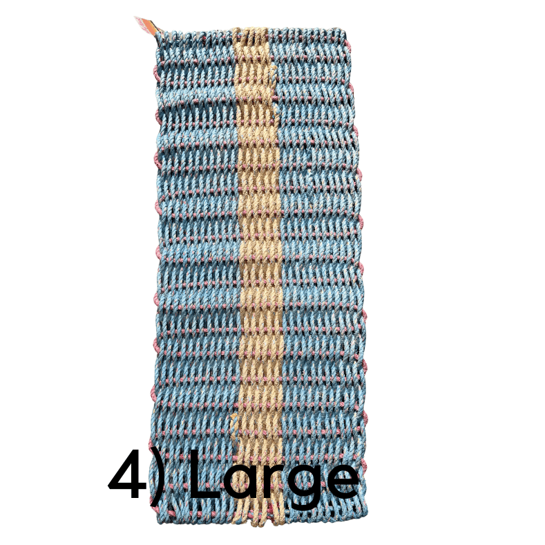 Transmutation door mat made from old cray rope scraps. Blue and yellow striped