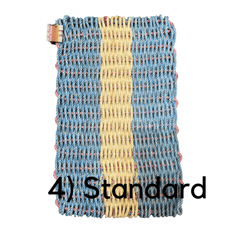 Transmutation- blue and yellow striped recycled rope made into a door mat