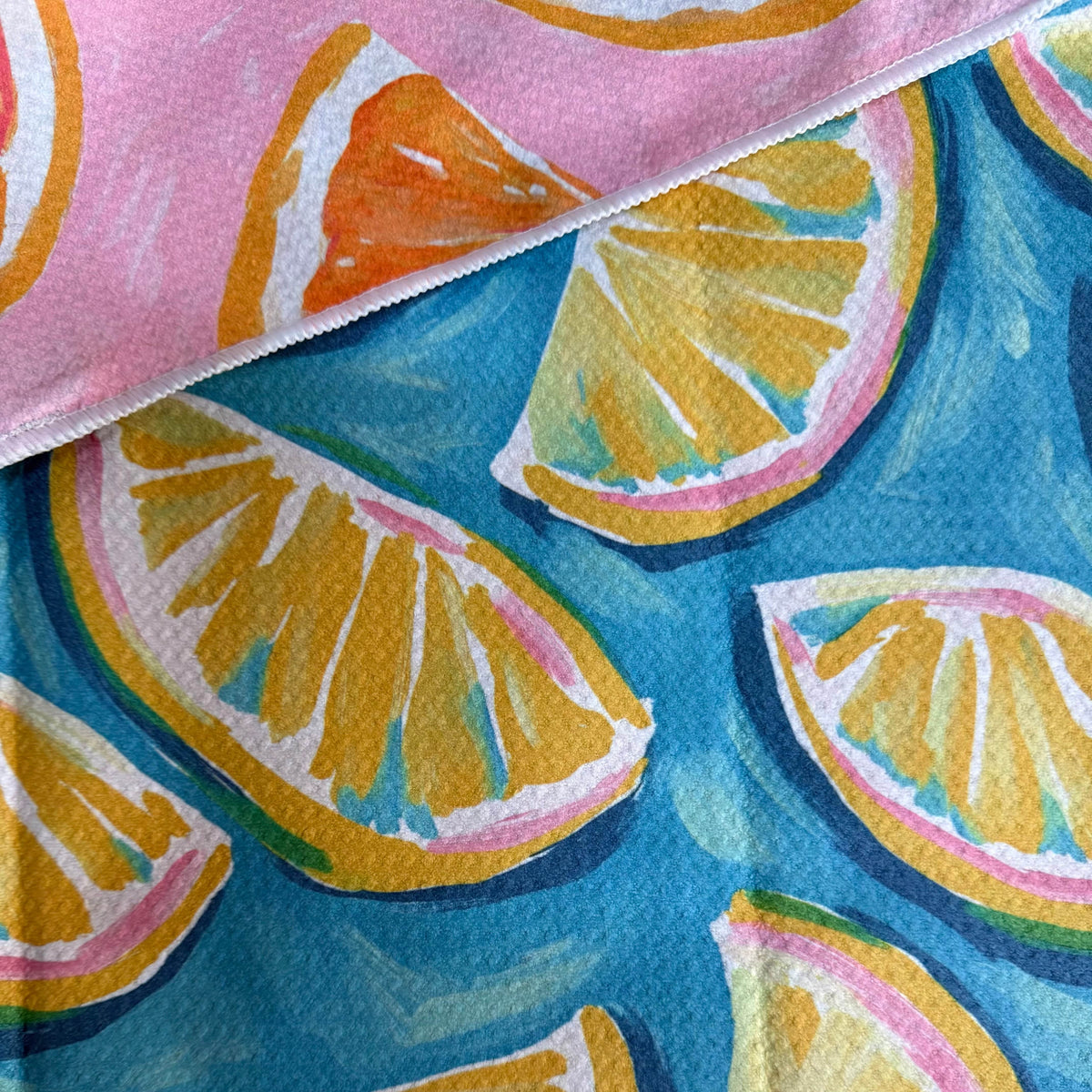 Transmutation -  Handy Towel with a Tropical Twist, it is made out of 6 recycled plastic bottles.  50cm x 70cm. 