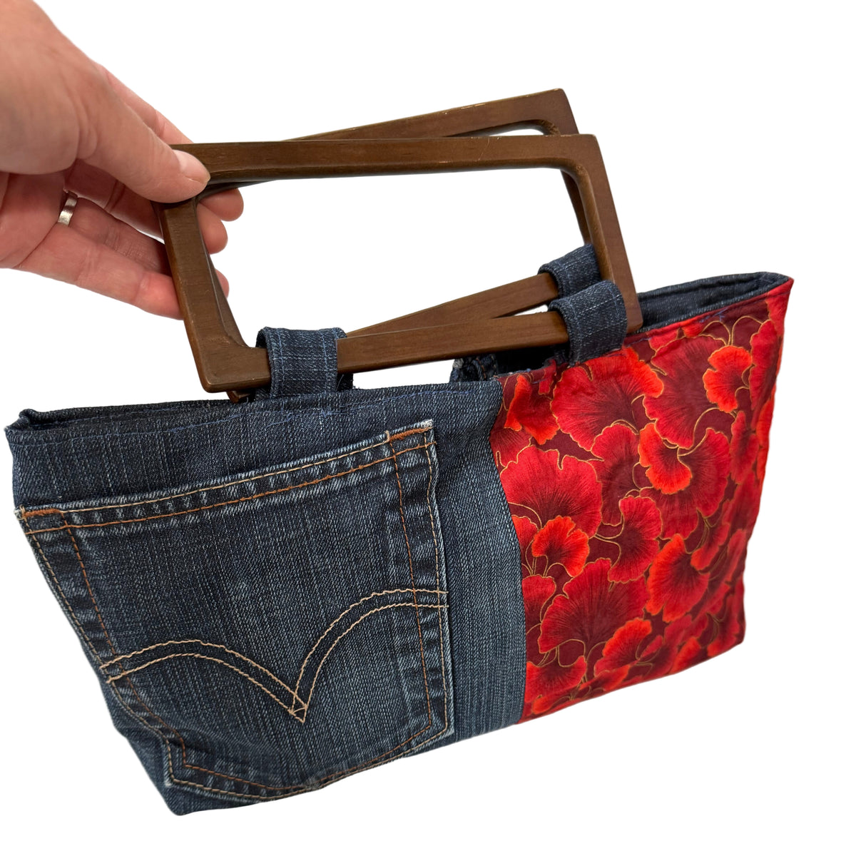 Chunkymonkeys77 Bag 5. Denim & Red Flowers Bag - Handbag- Recycled Textiles