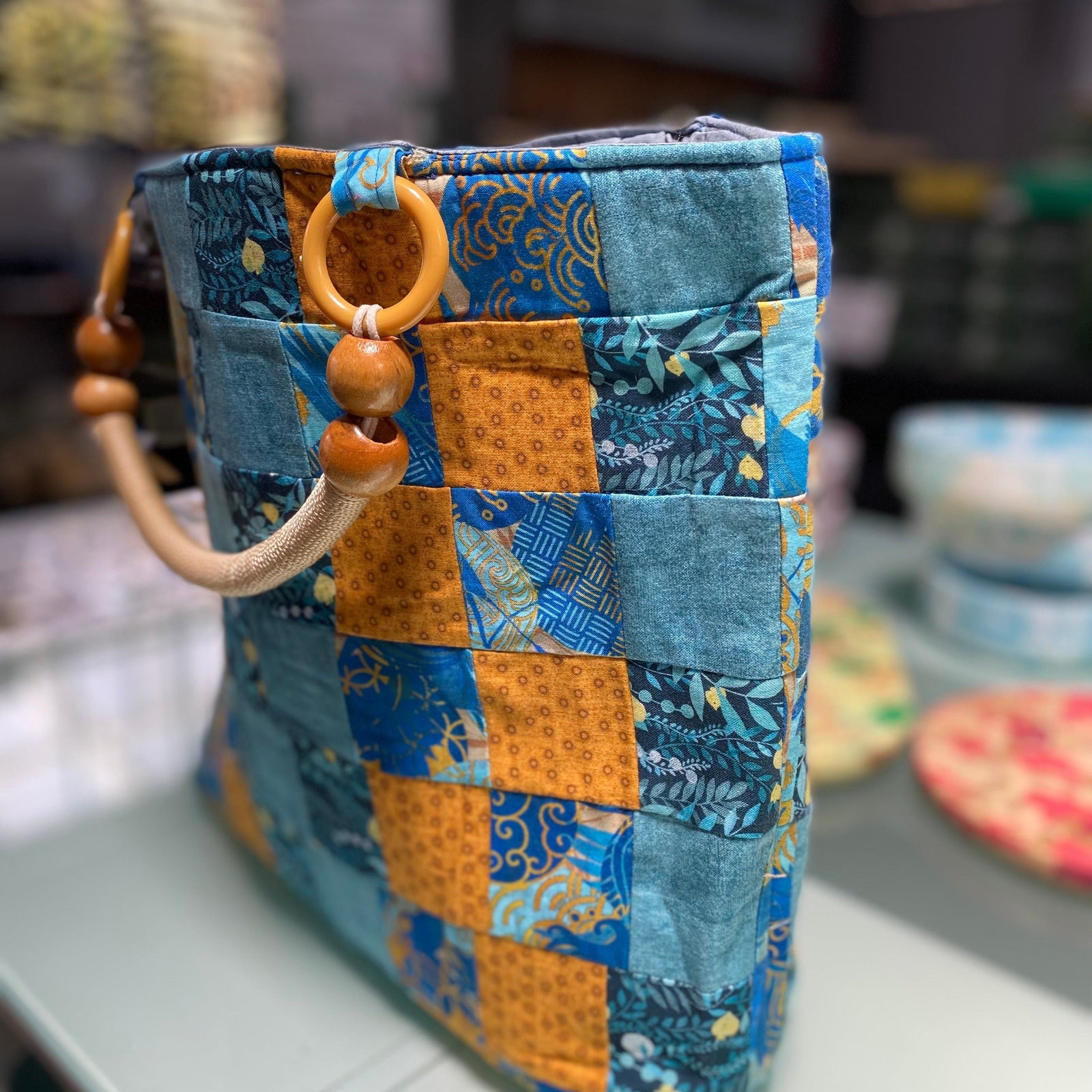 Chunkymonkeys77 Bag 6. Mustard / Blue 40cm x 33cm with 10cm wide base Bag Tote - Recycled Textiles