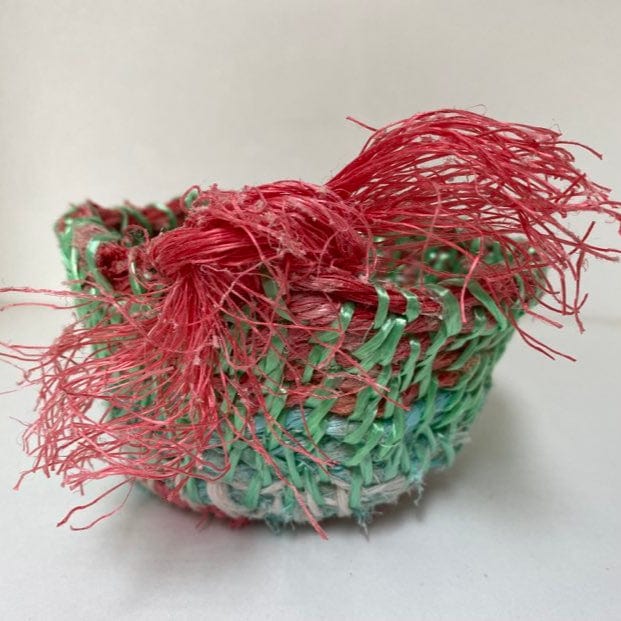Jo Jo Spook Basket 4. Green / red trim & bow Baskets - Handwoven Ghostnet Baskets