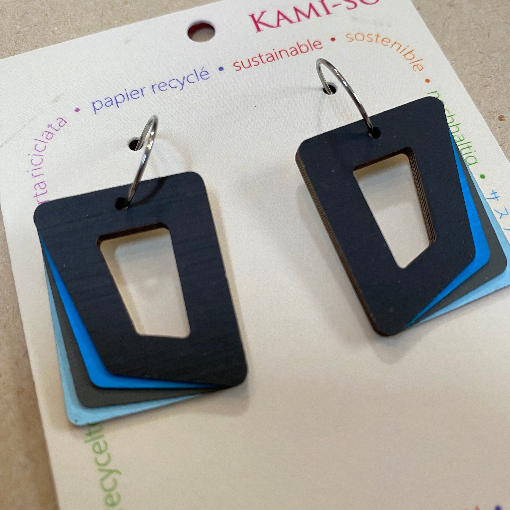 Transmutation - Kami-So Earrings Black Blue & Grey Earrings - Layered Rectangle Hoop - Recycled Paper