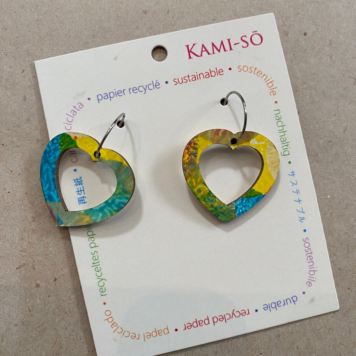 Transmutation - Kami-So Earrings Bright Multi colour Earrings - Heart Hoop - Recycled Paper