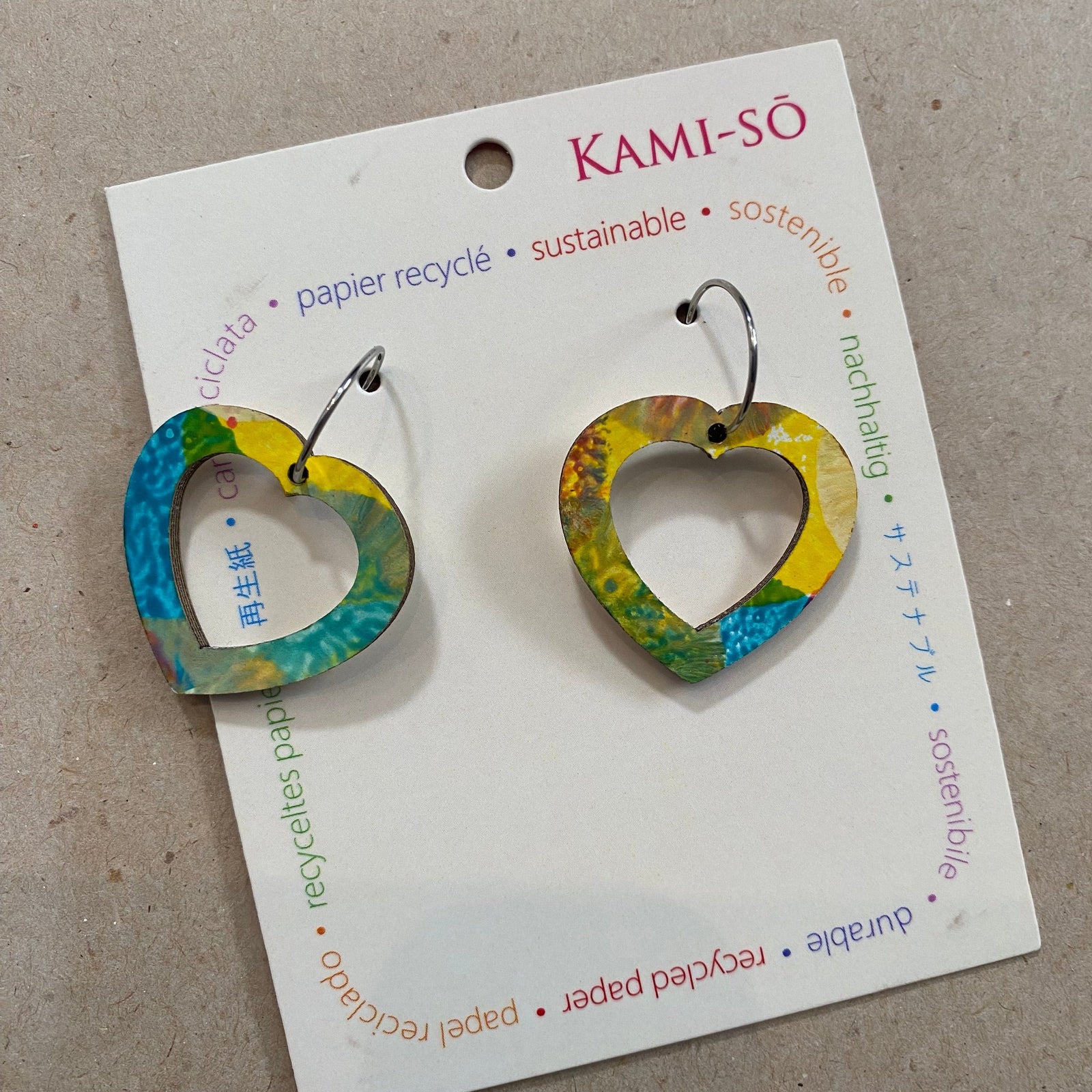 Transmutation - Kami-So Earrings Bright Multi colour Earrings - Heart Hoop - Recycled Paper
