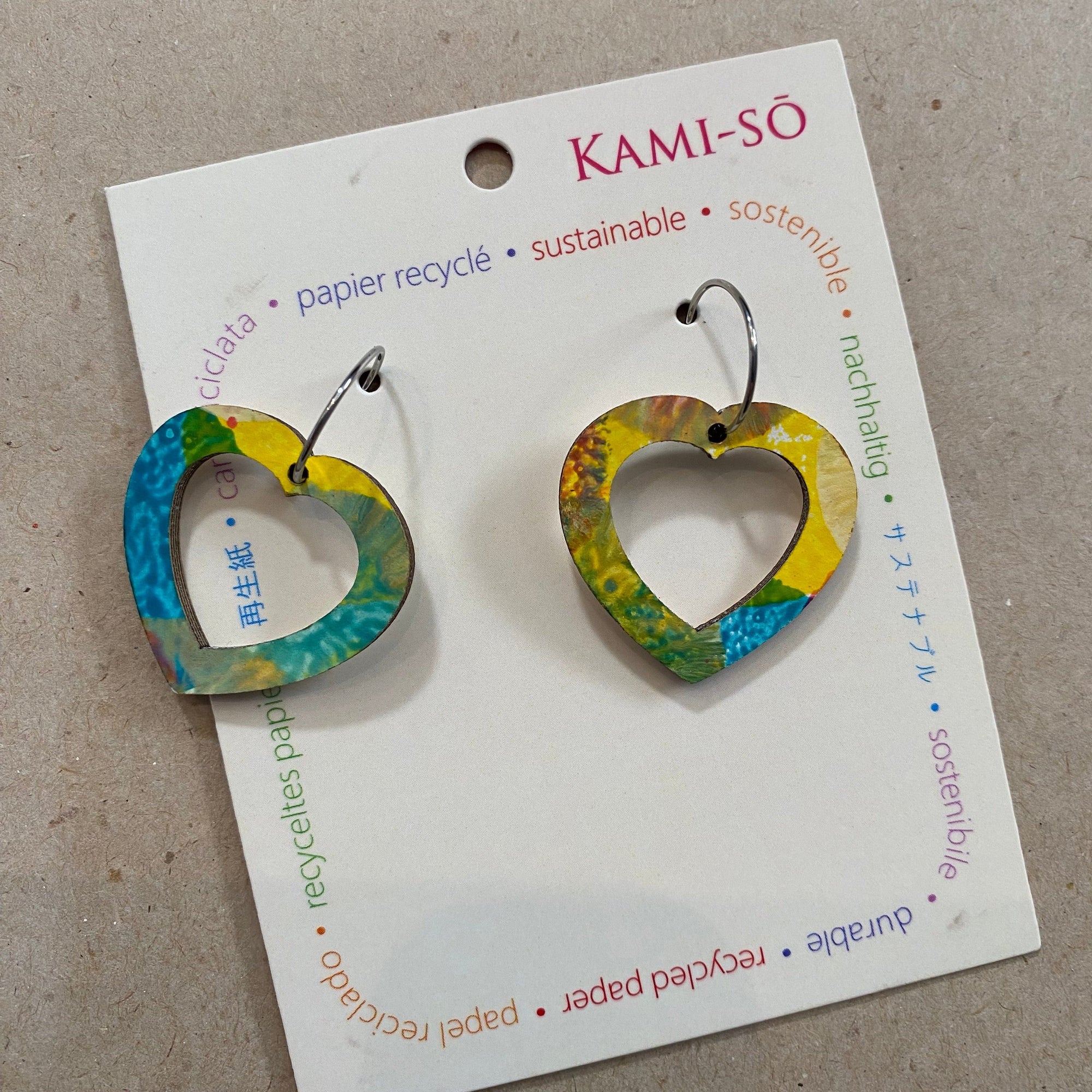 Transmutation - Kami-So Earrings Bright Multi colour Earrings - Heart Hoop - Recycled Paper