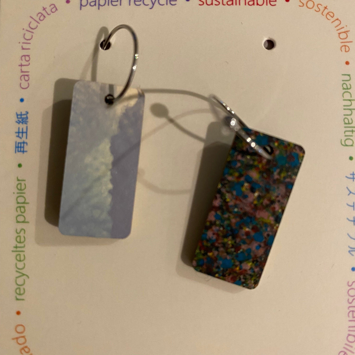 Kami-So Earrings Dark Blue Speckle/ Light Blue Swirl - Rectangle Earrings - Reversible - Recycled Paper