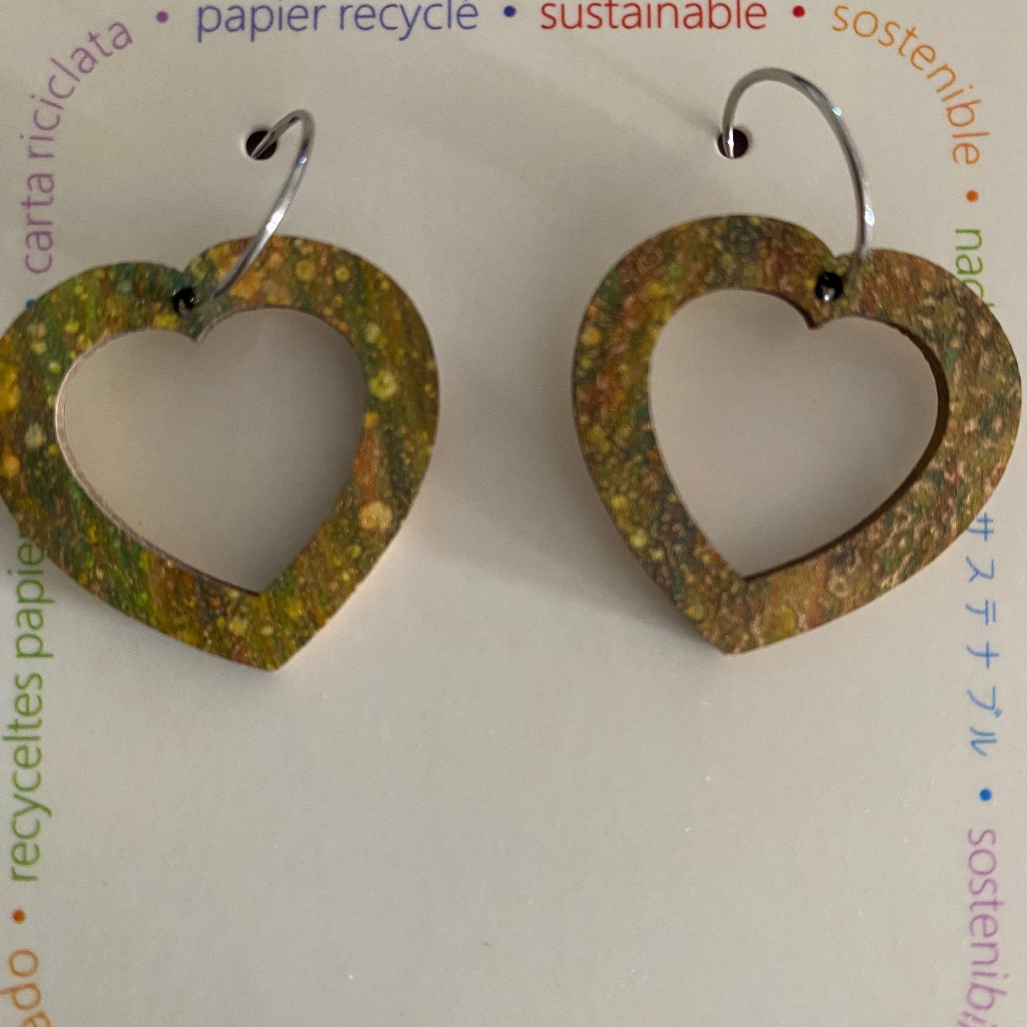 Transmutation - Kami-So Earrings Bright Multi colour Earrings - Heart Hoop - Recycled Paper