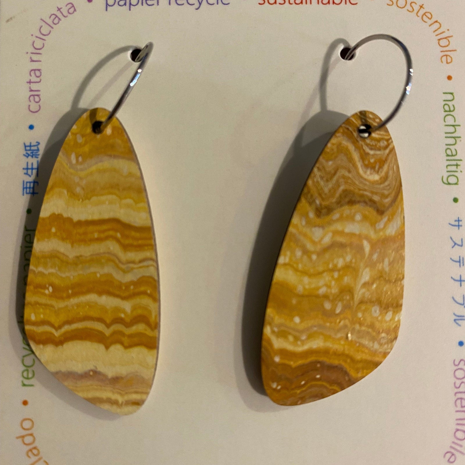 Transmutation - Kami-So Earrings Light Brown Stripe Earrings - Large Oval - Recycled Paper