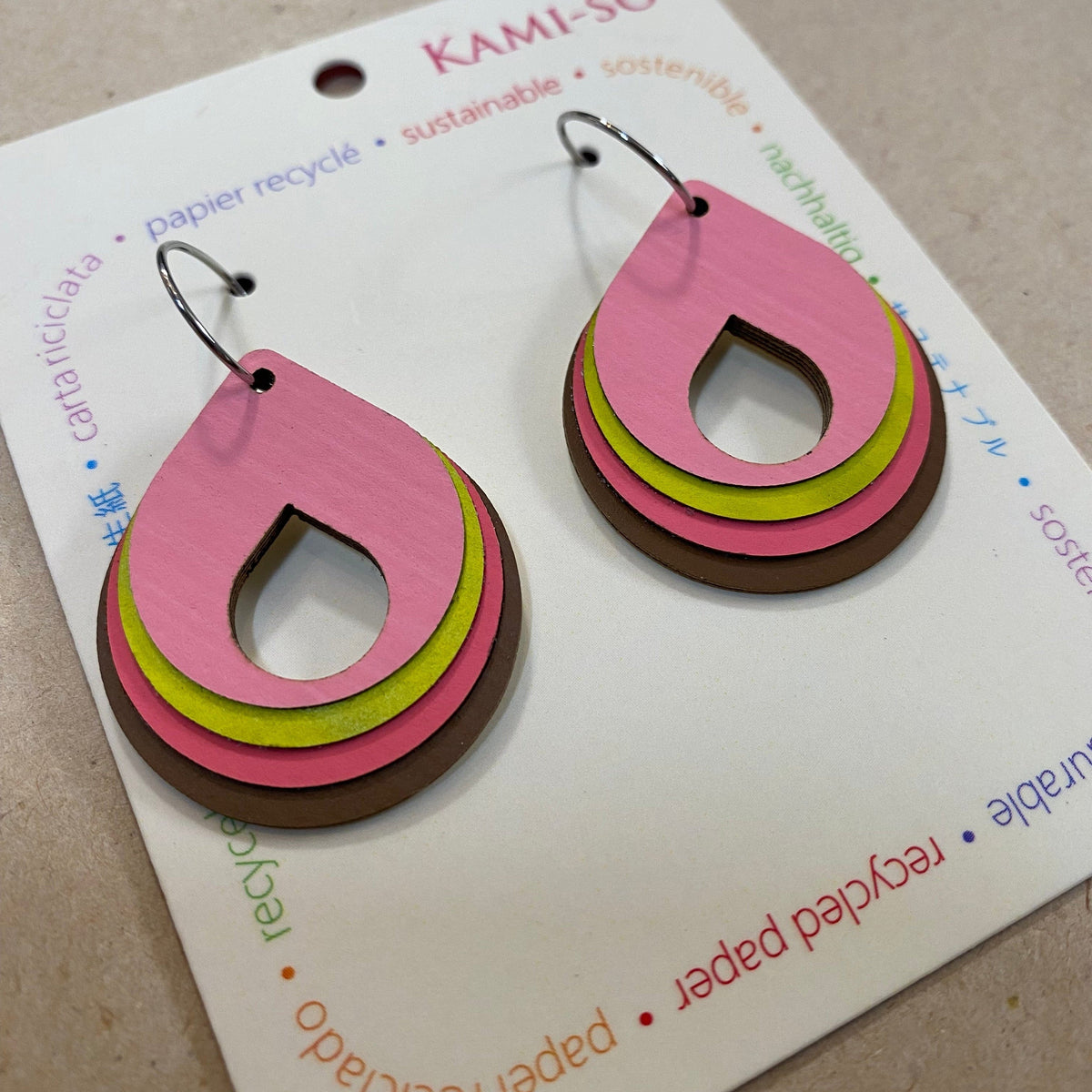 Transmutation - Kami-So Earrings Pink / Lime / Brown Earrings - Circle Layered Hoop - Recycled Paper