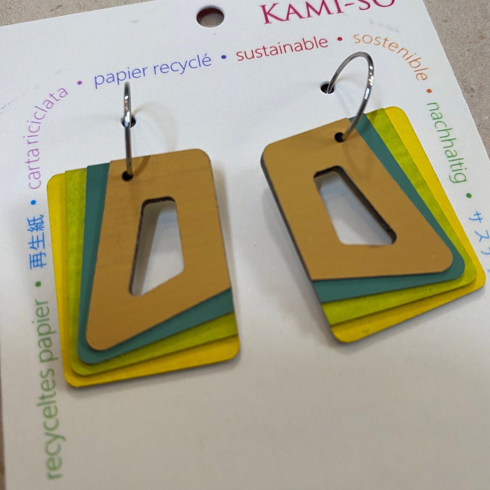 Transmutation - Kami-So Earrings Tan Green & Yellow Earrings - Layered Rectangle Hoop - Recycled Paper