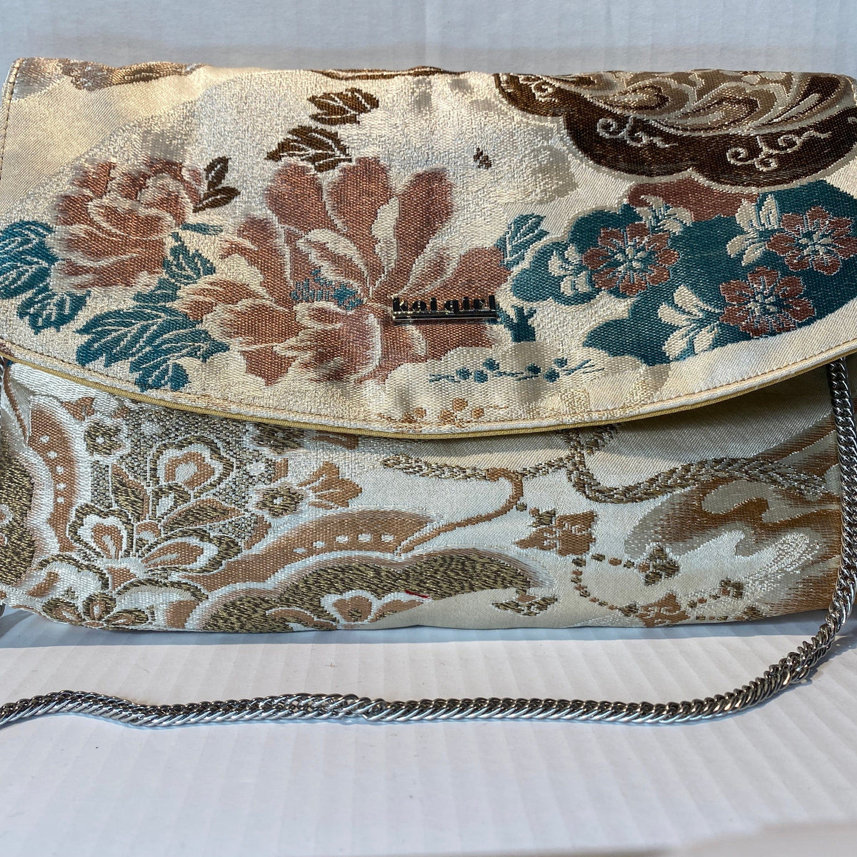 Koi girl Bag Fawn & Turquoise Floral Scene Purse / Clutch - Authentic Vintage Silk Kimono and Obi belts