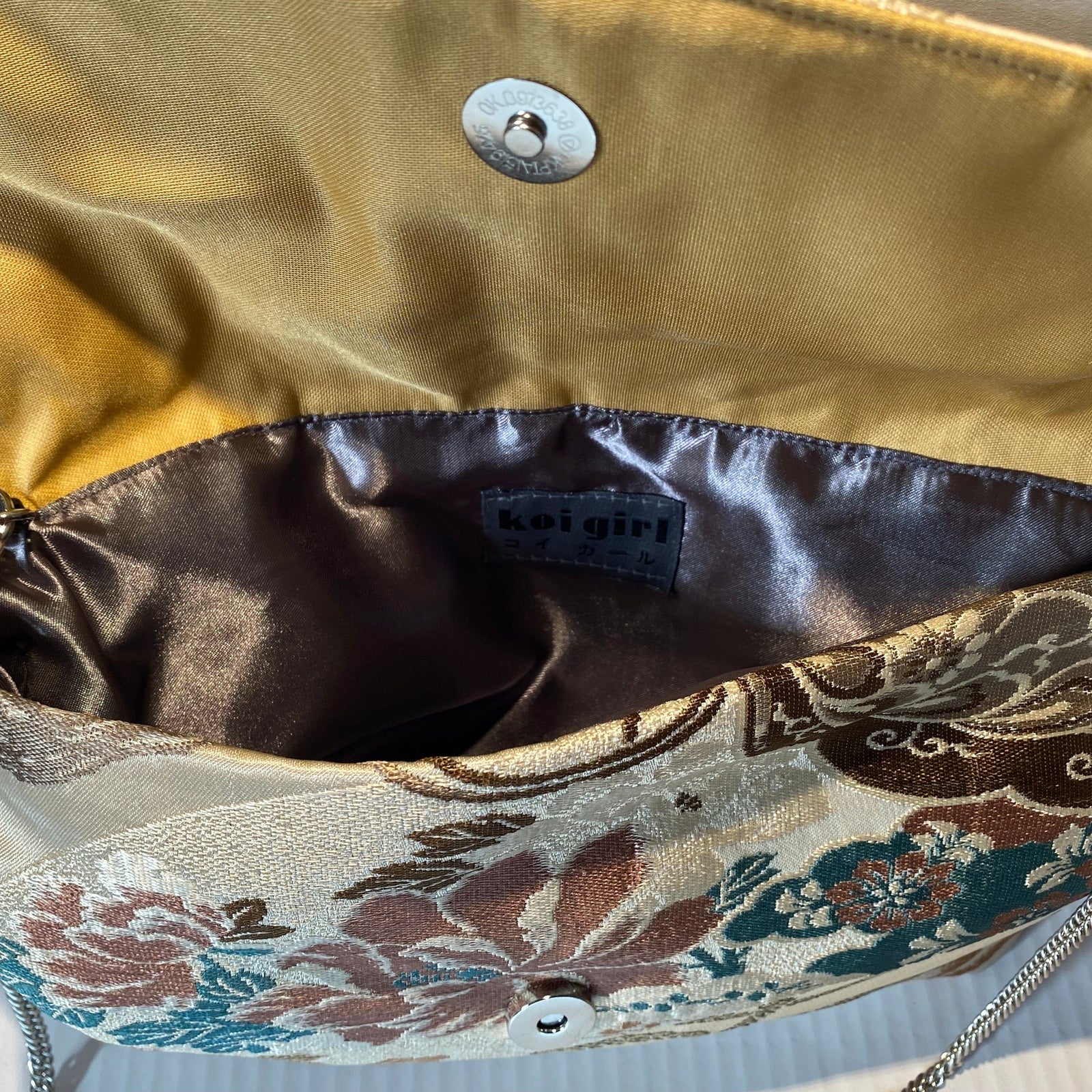 Koi girl Bag Fawn & Turquoise Floral Scene Purse / Clutch - Authentic Vintage Silk Kimono and Obi belts
