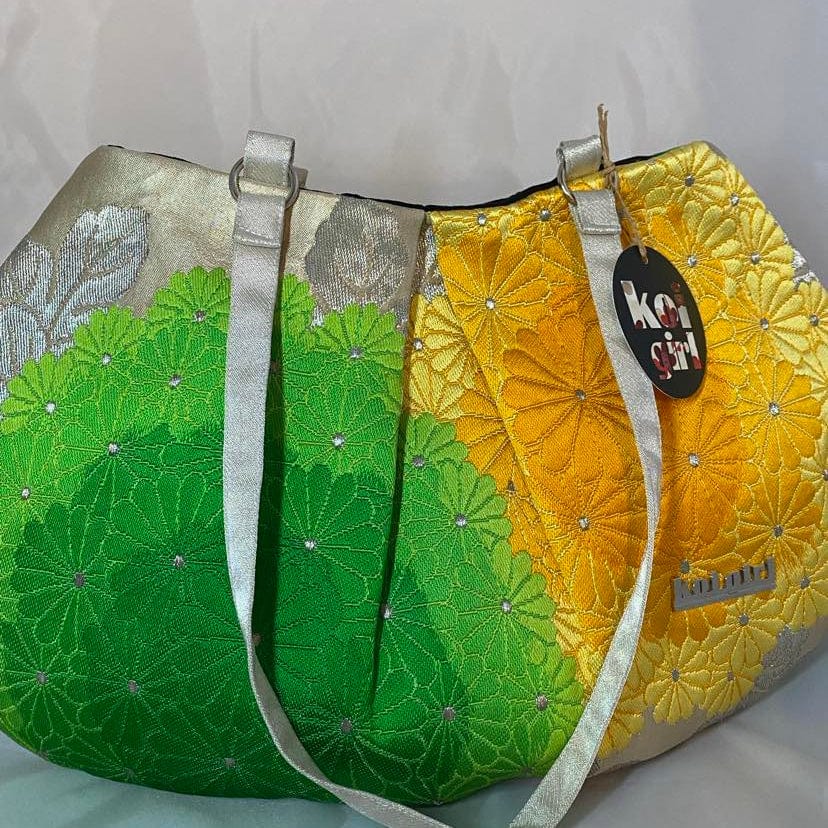 Koi girl Bag Yellow/Green Chrysantheum Purse / Clutch - Authentic Vintage Silk Kimono and Obi belts