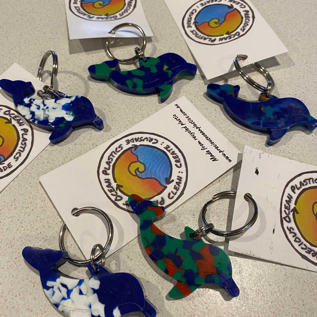 Ocean plastic made into dolphin keyrings- Transmutation