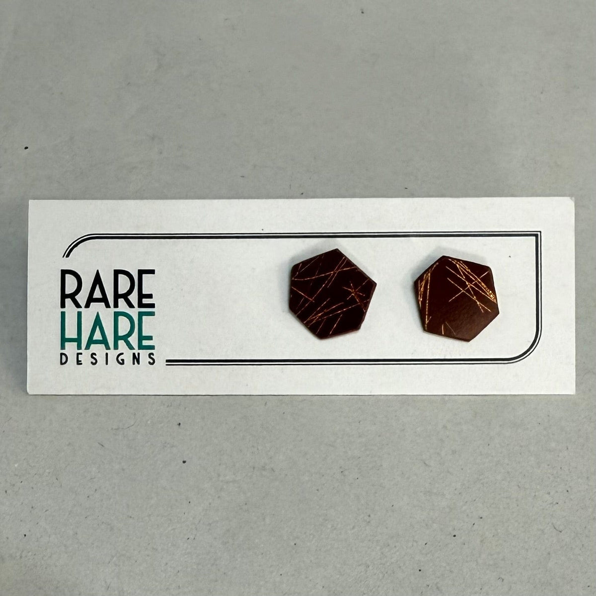 Rare Hare Design Earrings 1. Brown - Hex with Copper lines Earring studs - Laminate Off cuts