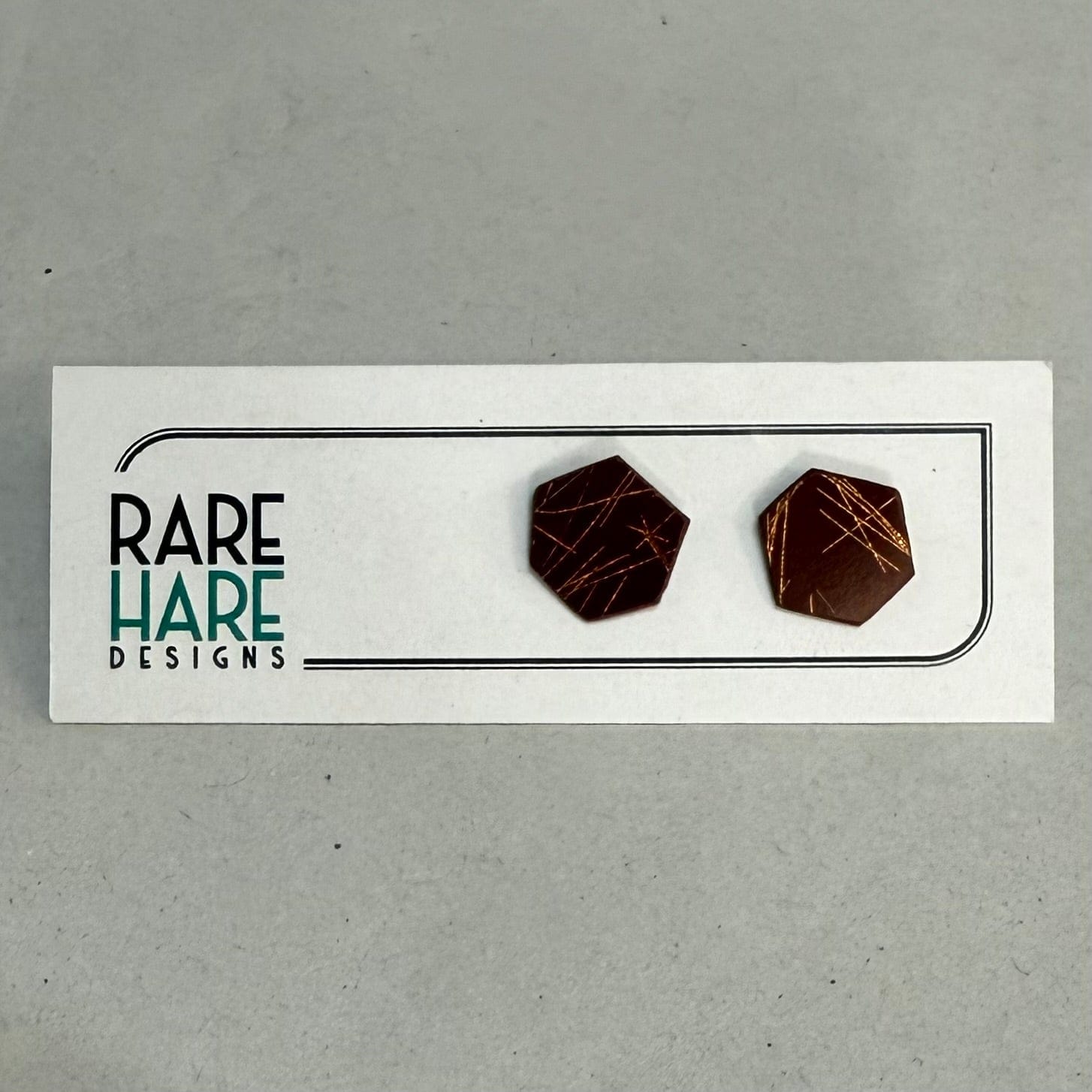 Rare Hare Design Earrings 1. Brown - Hex with Copper lines Earring studs - Laminate Off cuts