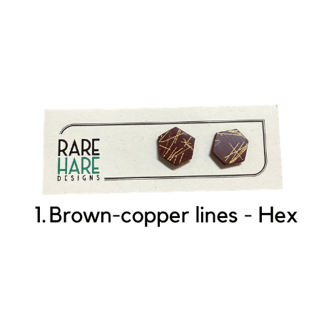Transmutation - Earrings 1. Brown - Hex with Copper lines Earring studs - Laminate Off cuts