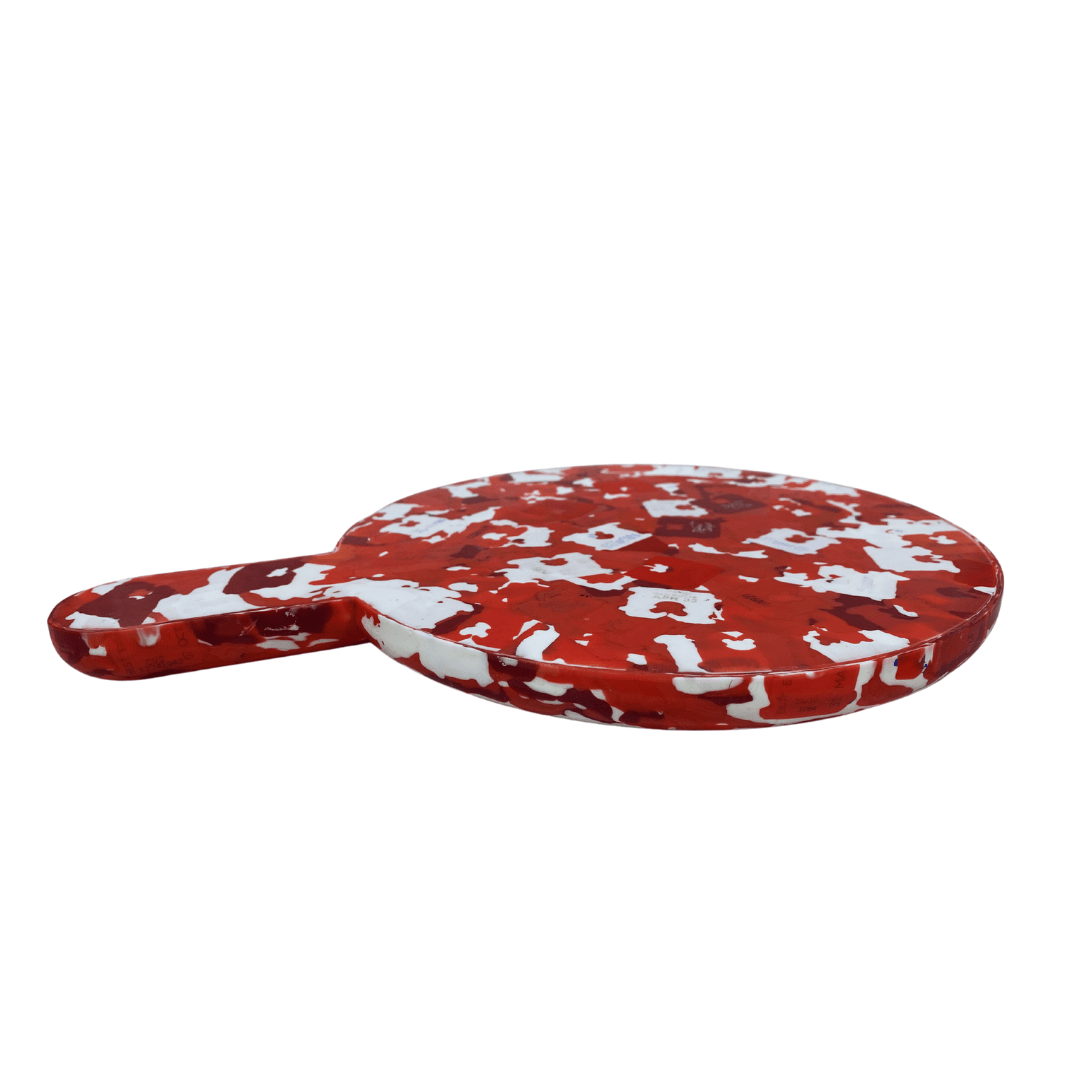 Transmutation-Paddle-Serving Boards is made from 2160 used Bread tags. Great for cheese board or a grazing board- Baker's Delight.