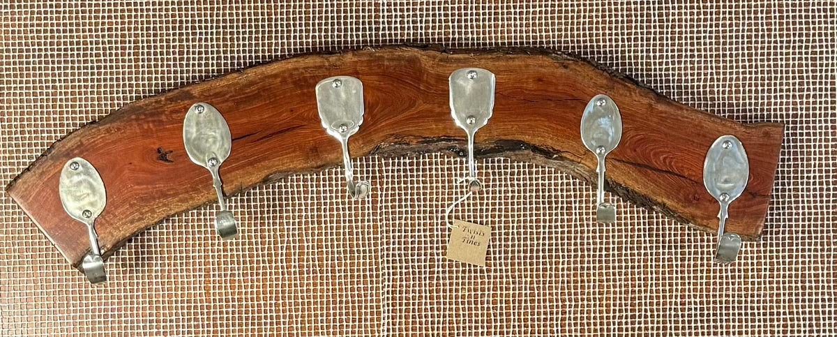 Twists n Tines Wall Hanging Style 2 Red Gum (2 sugar spoons / 4 Tea spoons) Wall Hanger - Hat &amp; Coat Rack - Reclaimed Timber and Cutlery