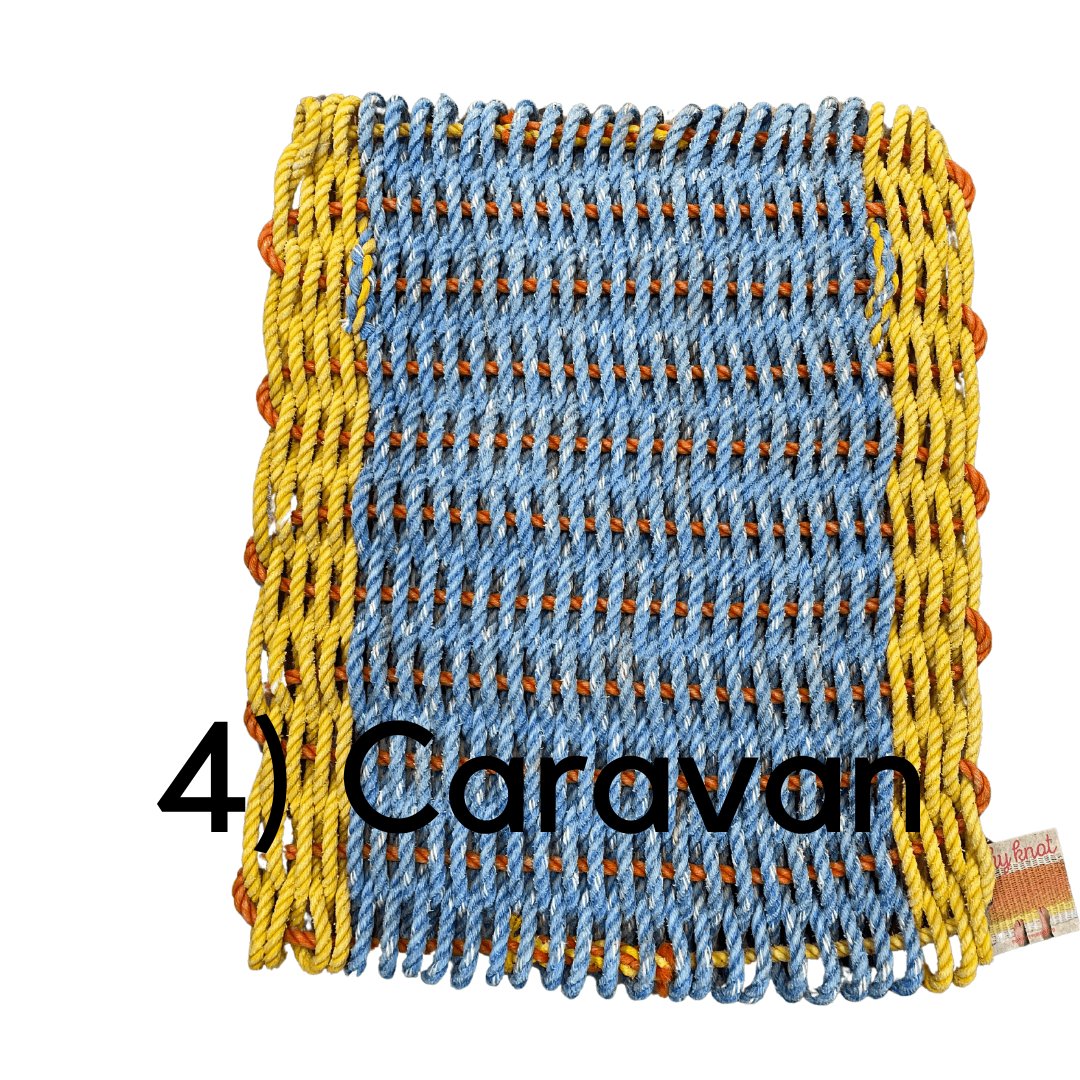 Why Knot Mat 4) Caravan Yellow / Blue / Yellow Mat - Recycled Rope